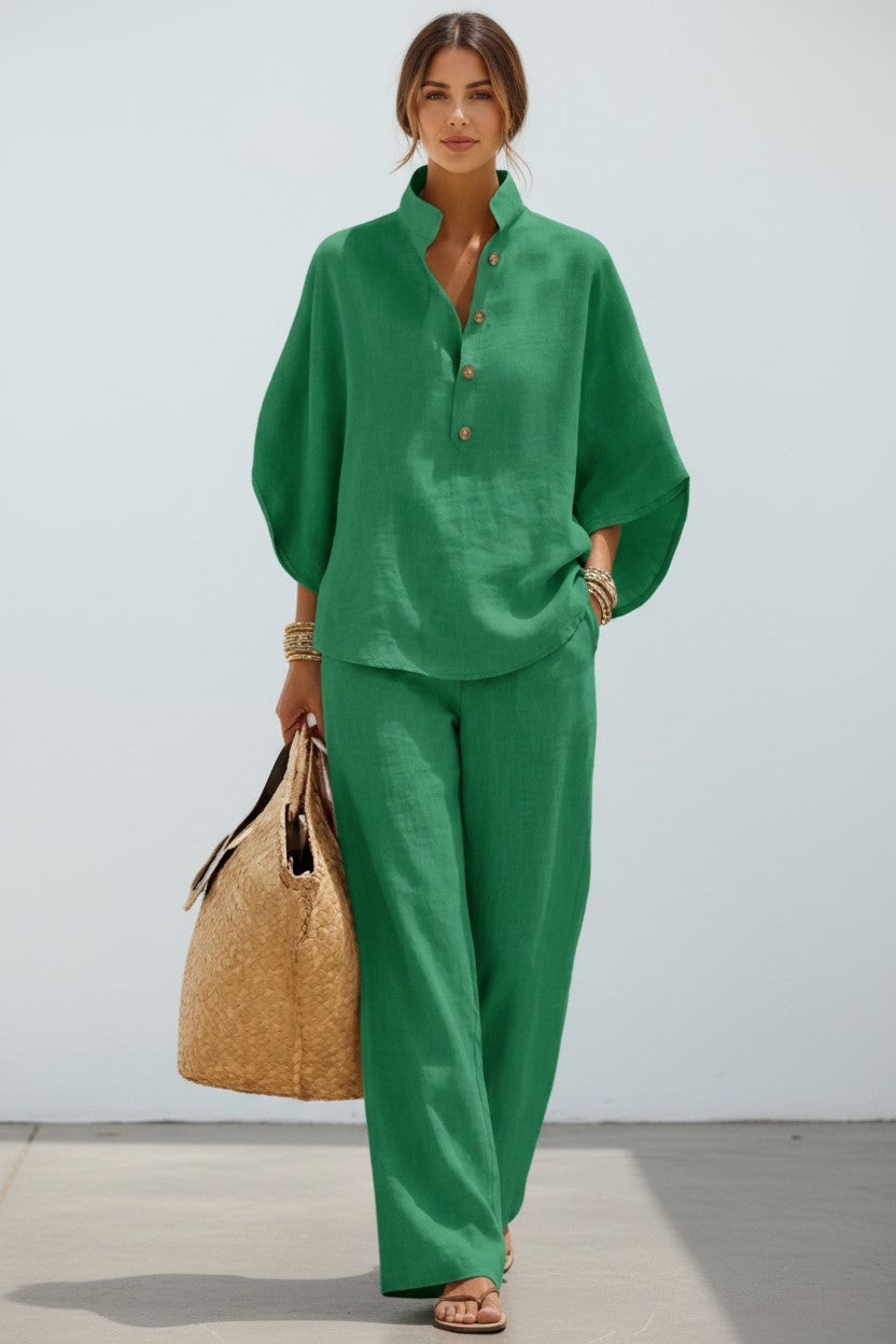 Conjunto Maribel - De lino con mangas murciélago y pantalón ancho